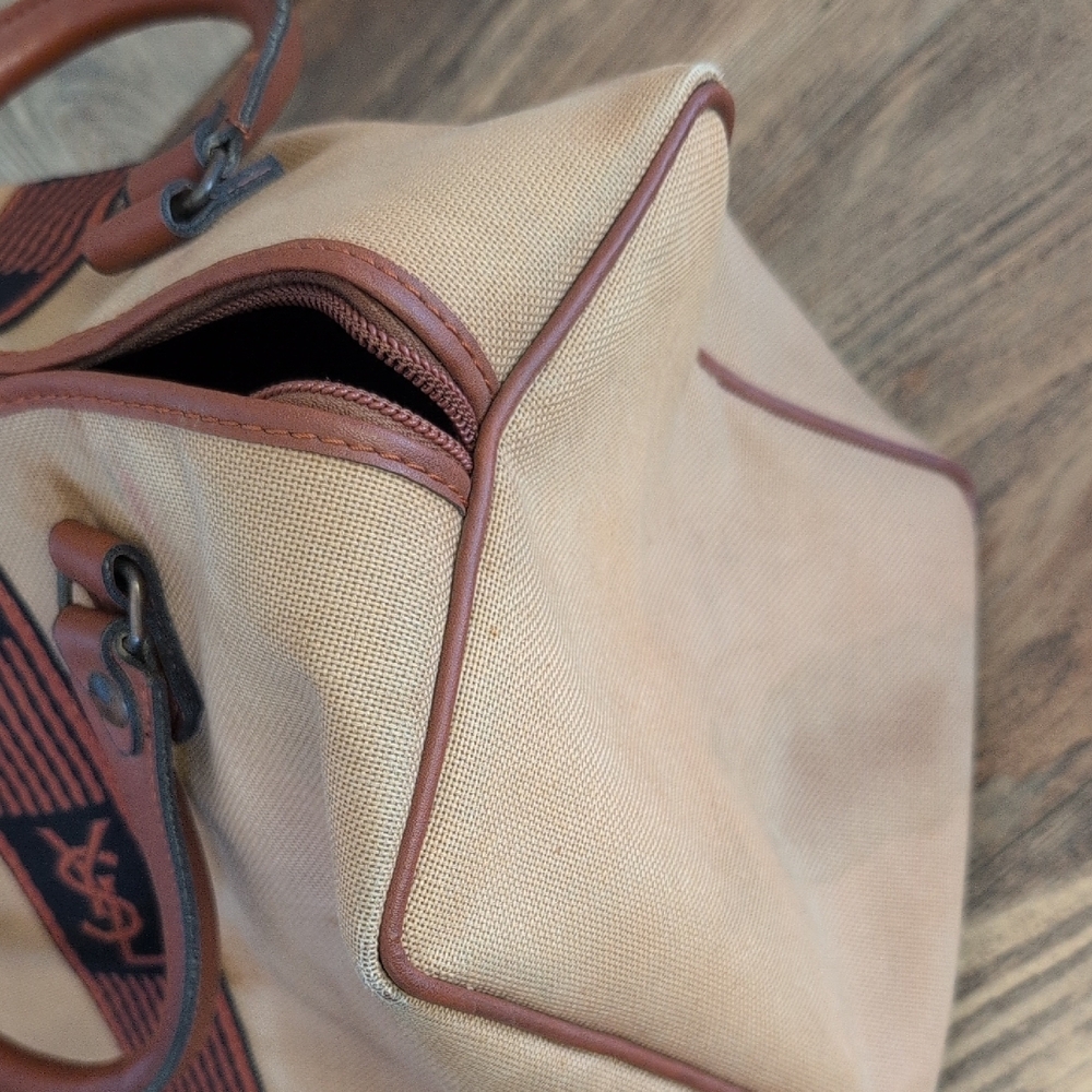 YSL Yves Saint Laurent Vintage Canvas Mini Boston Brown Leather Trim HandBag - Picture 10 of 13
